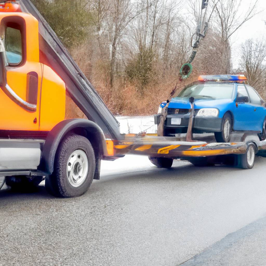 Local tow truck assisting stranded vehicle.