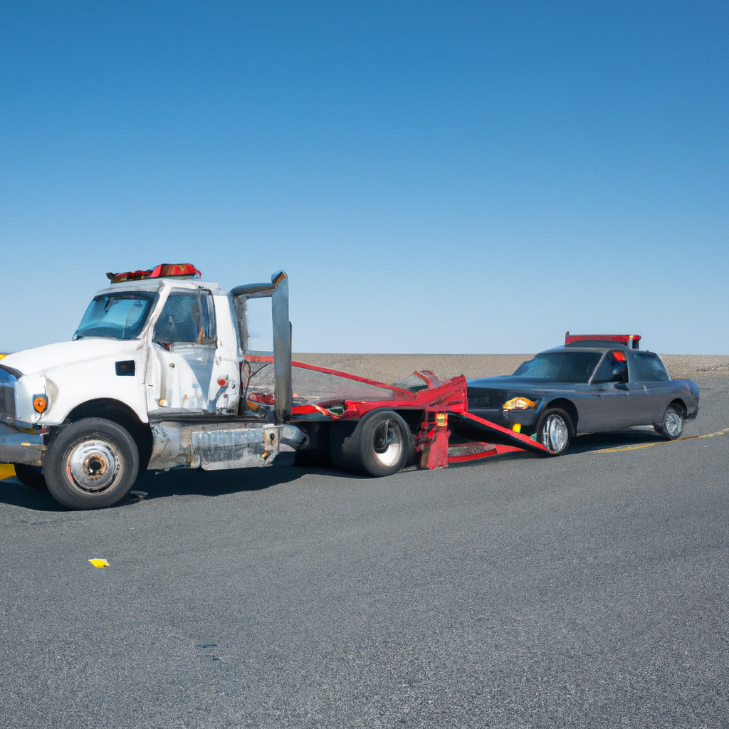 Tow truck aiding stranded vehicle roadside.