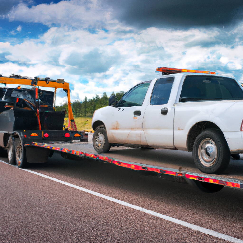 Tow truck assisting stranded car roadside.