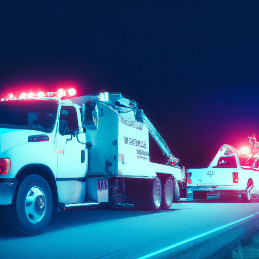 Tow truck assisting stranded vehicle at night.