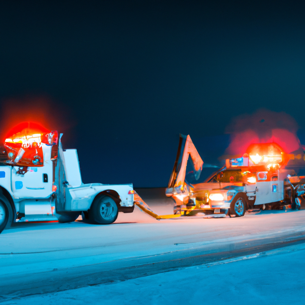 Tow truck assisting stranded vehicle at night.