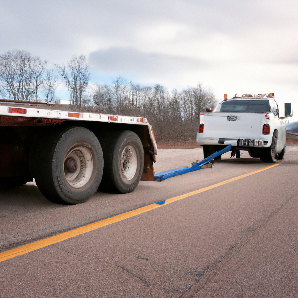 Tow truck assisting stranded vehicle roadside.