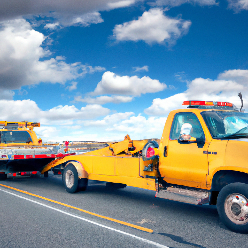 Tow truck assisting stranded vehicle roadside.
