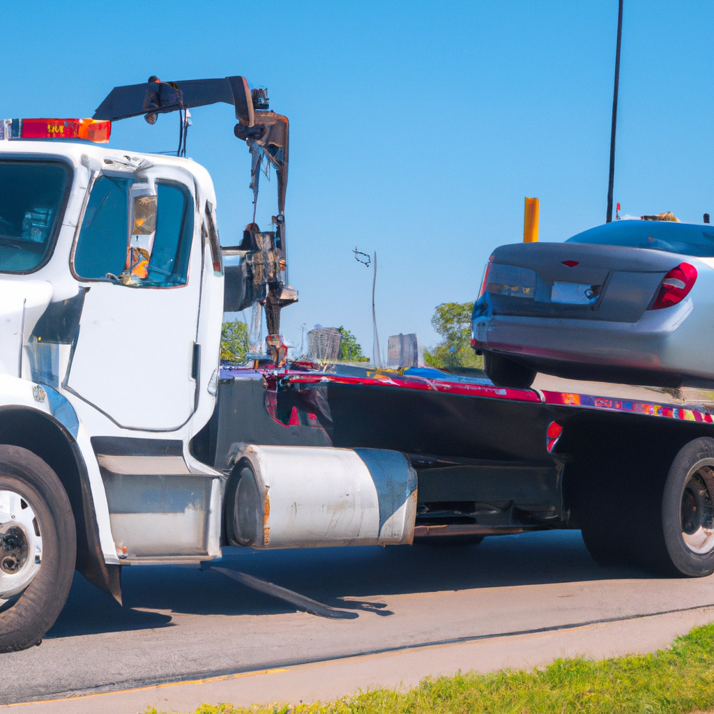 Tow truck assisting stranded vehicle roadside.