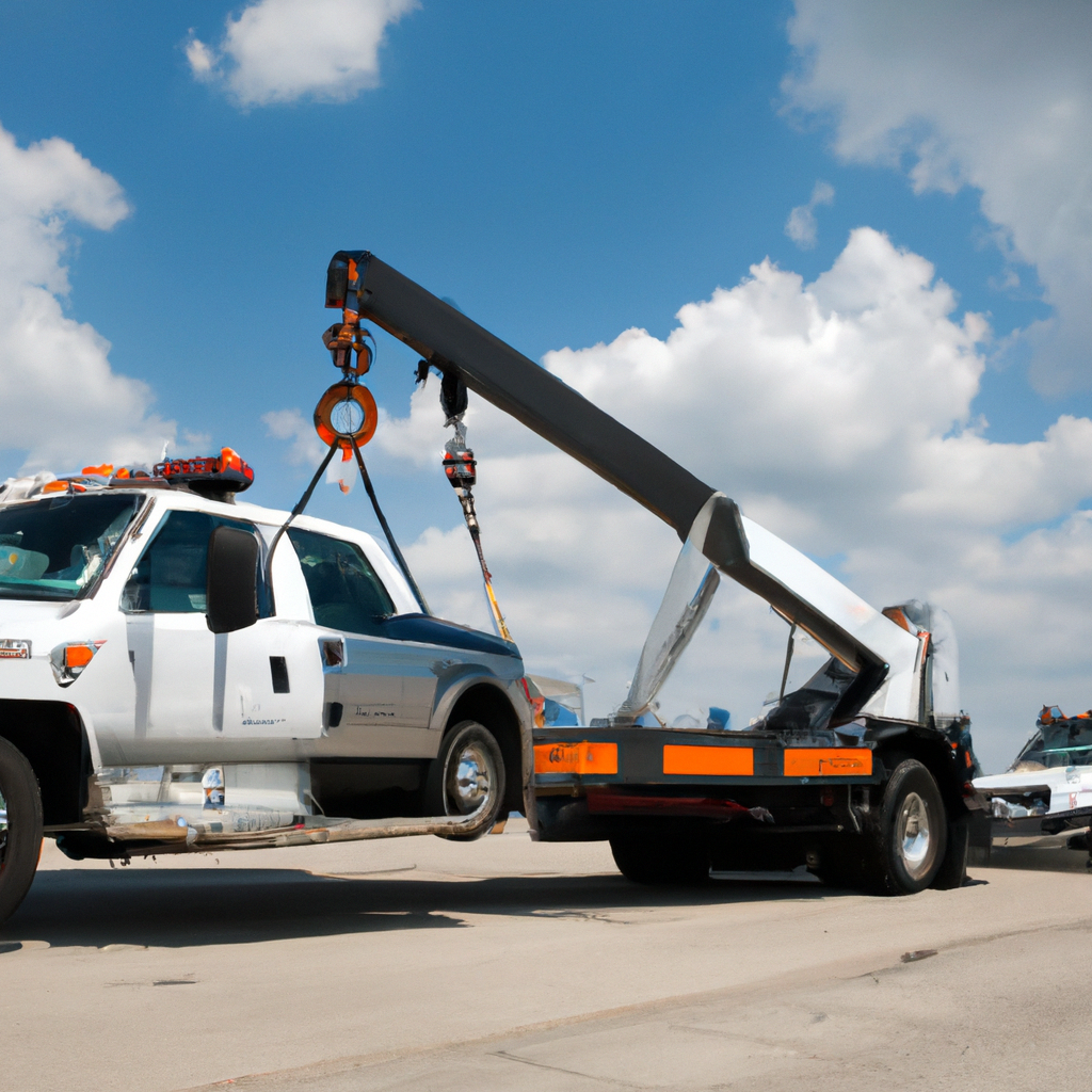 Tow truck assisting stranded vehicle roadside.