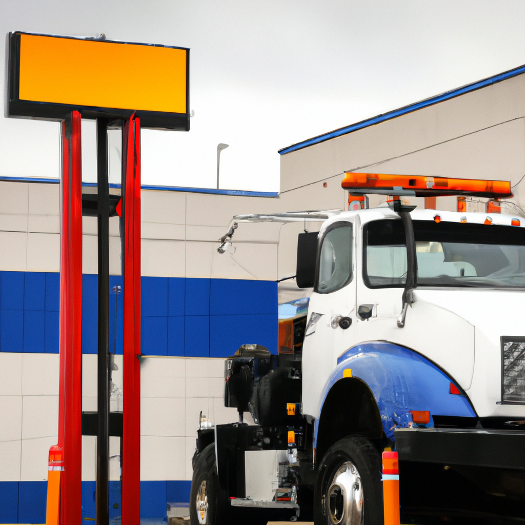 Tow truck parked, ready for service.
