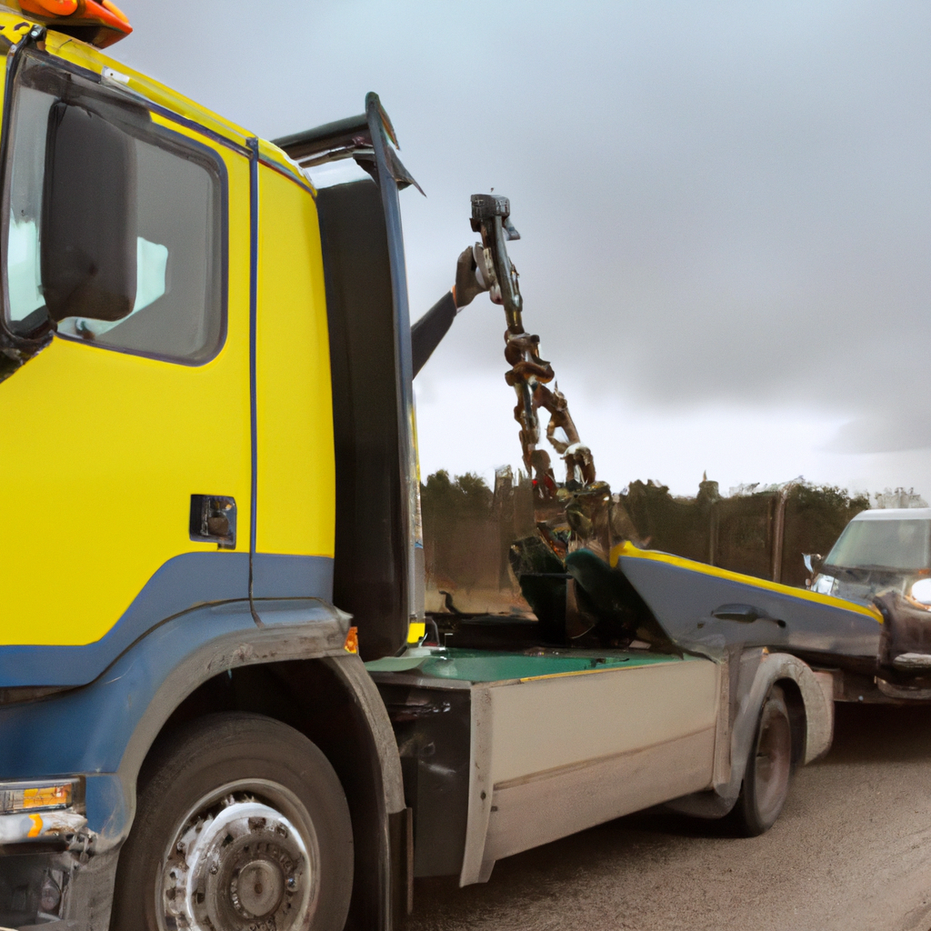 Towing truck assisting a stranded vehicle.